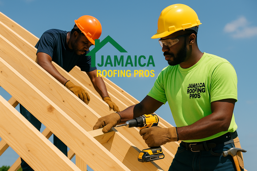Jamaica Roofing Pros contractors installing a new roof on a building