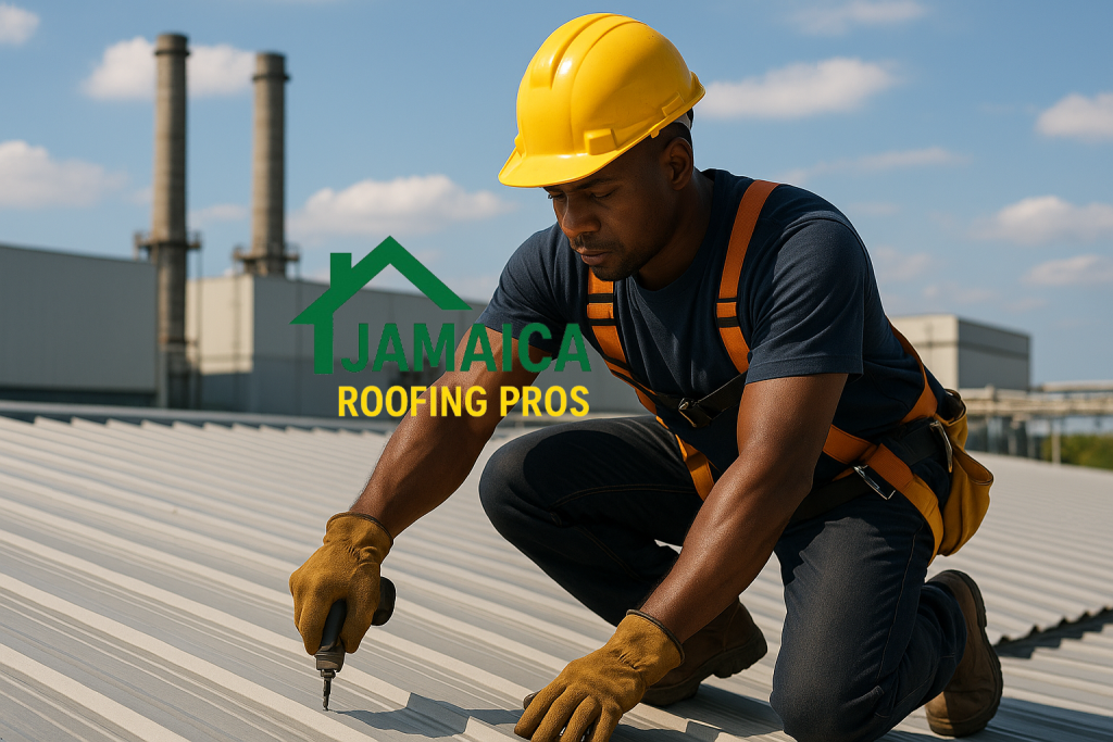 Roof installer installing metal roof