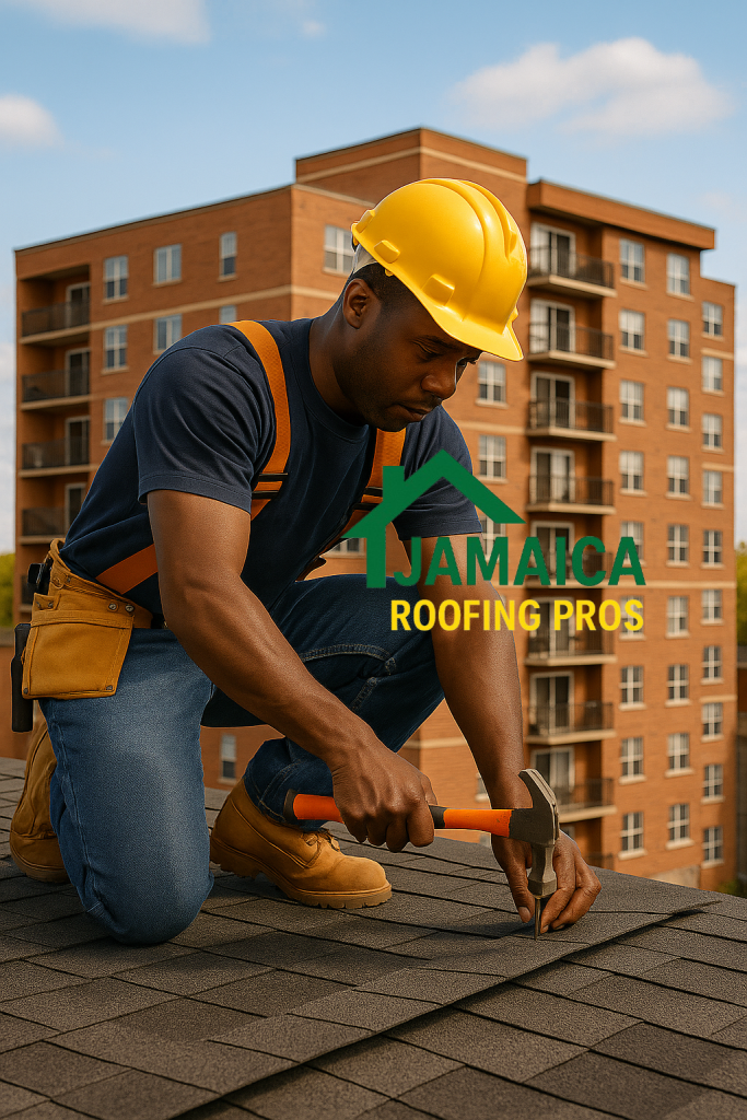 Roofing contractor working on an apartment rooftop