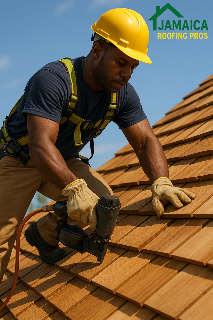 installation of wood shingles on a roof